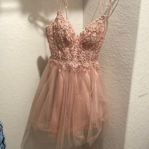 pink dress, size s, brand-cinderella divine.gold and pink accents.sparkly skirt